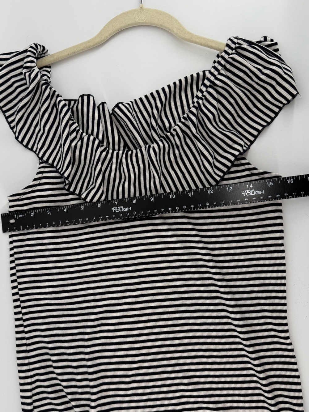 a new day Black & White Striped Ruffle Off-Shoulder Tank - Picture 6 of 7